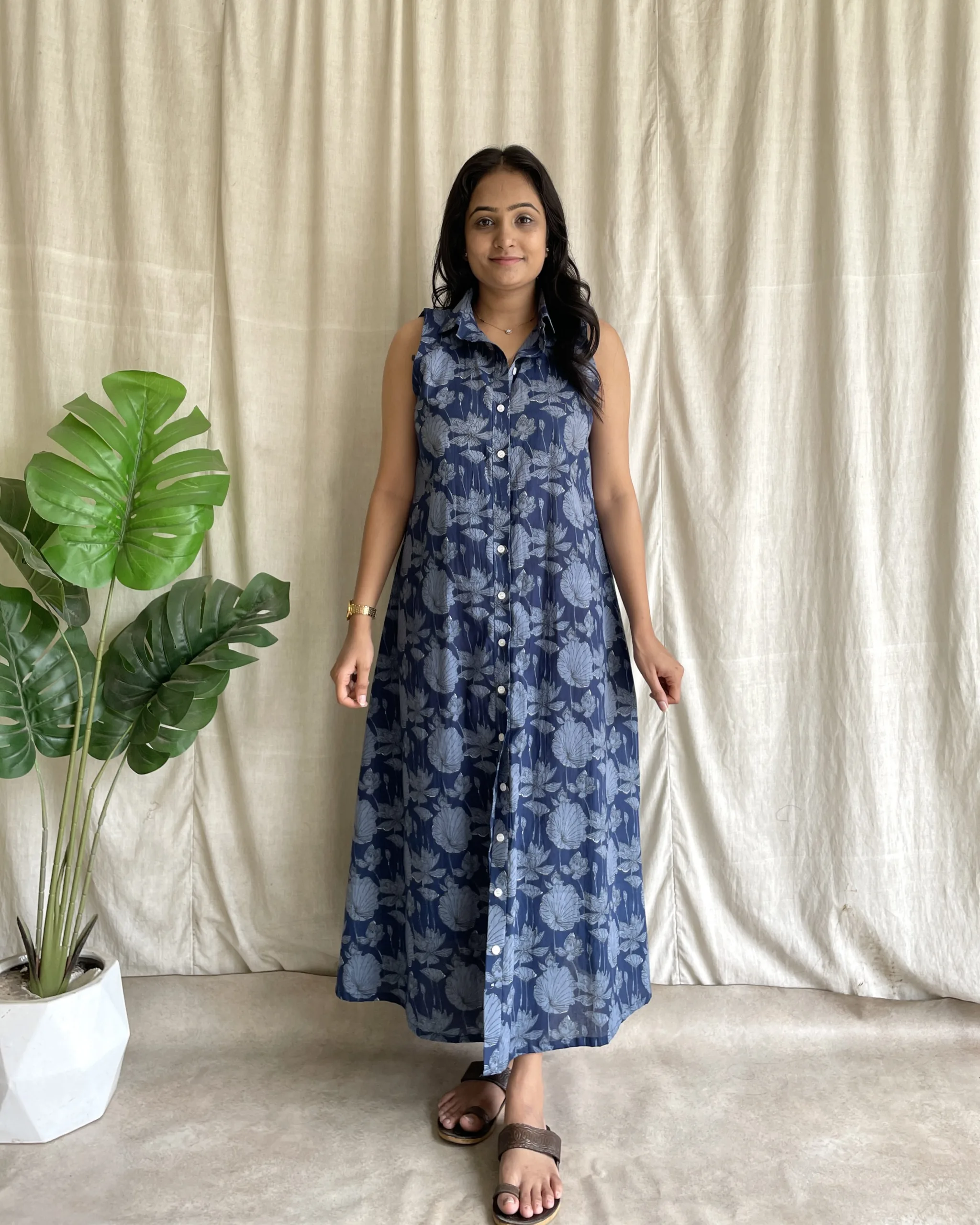 Navy blue cotton a line shirt dress