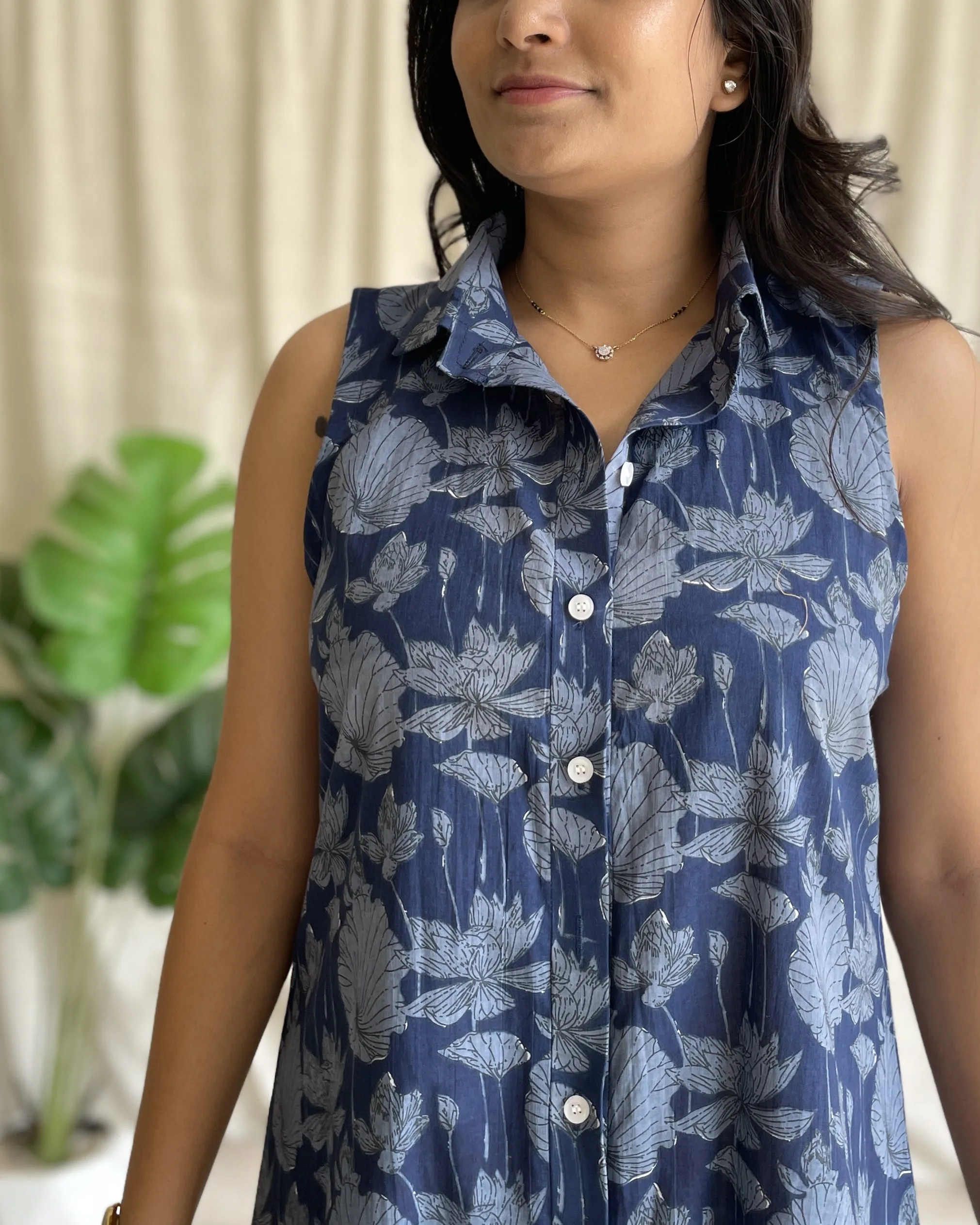 Navy blue cotton a line shirt dress - Image 3