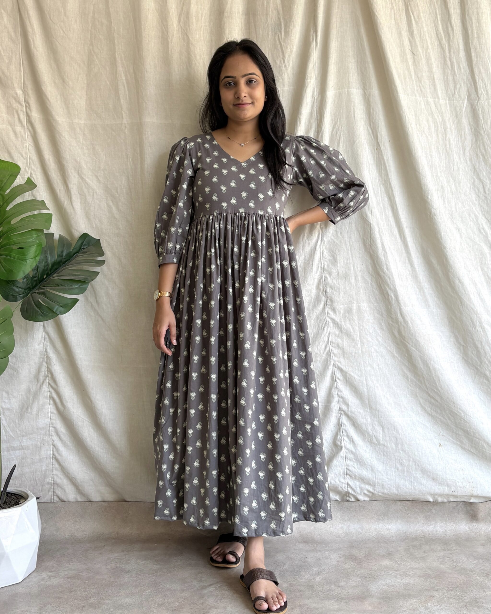 Grey cotton printed maxi dress