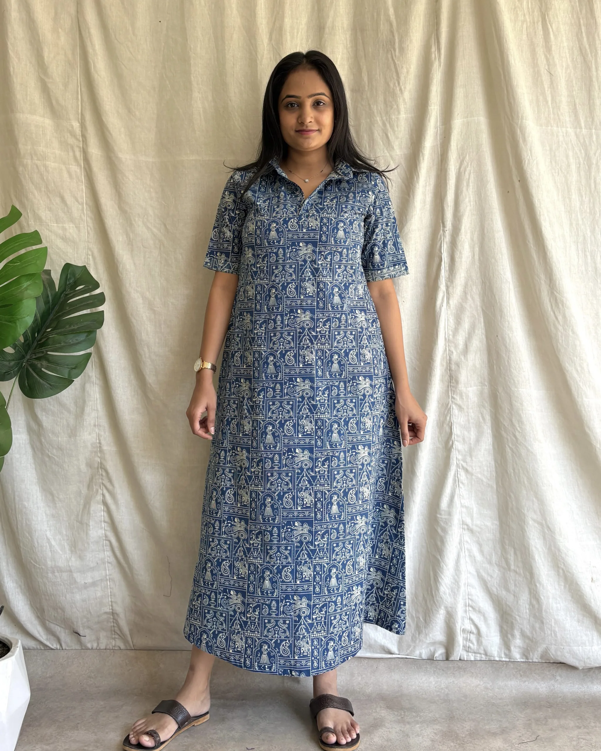 Blue cotton A line shirt dress