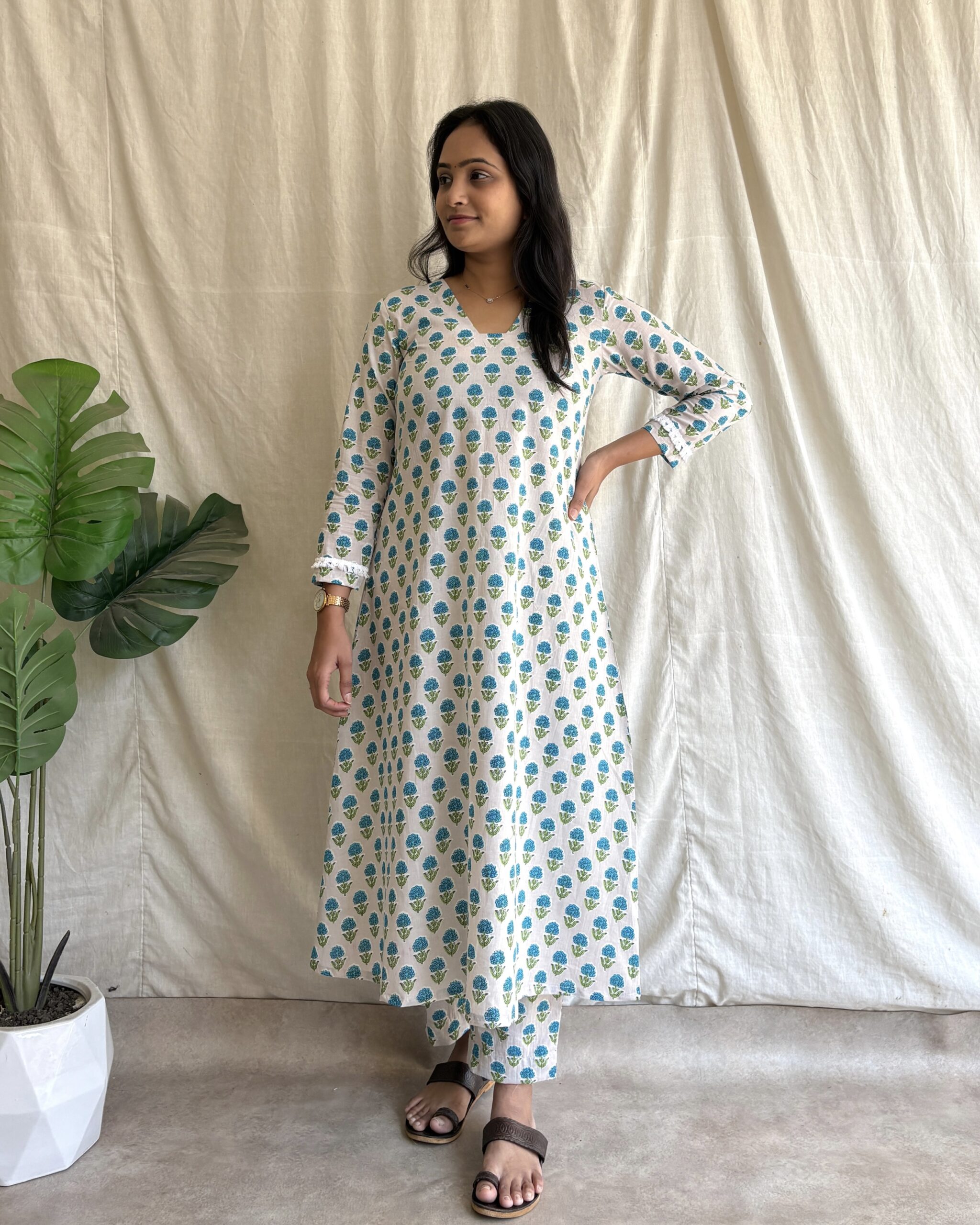 Grey cotton printed A line kurta set