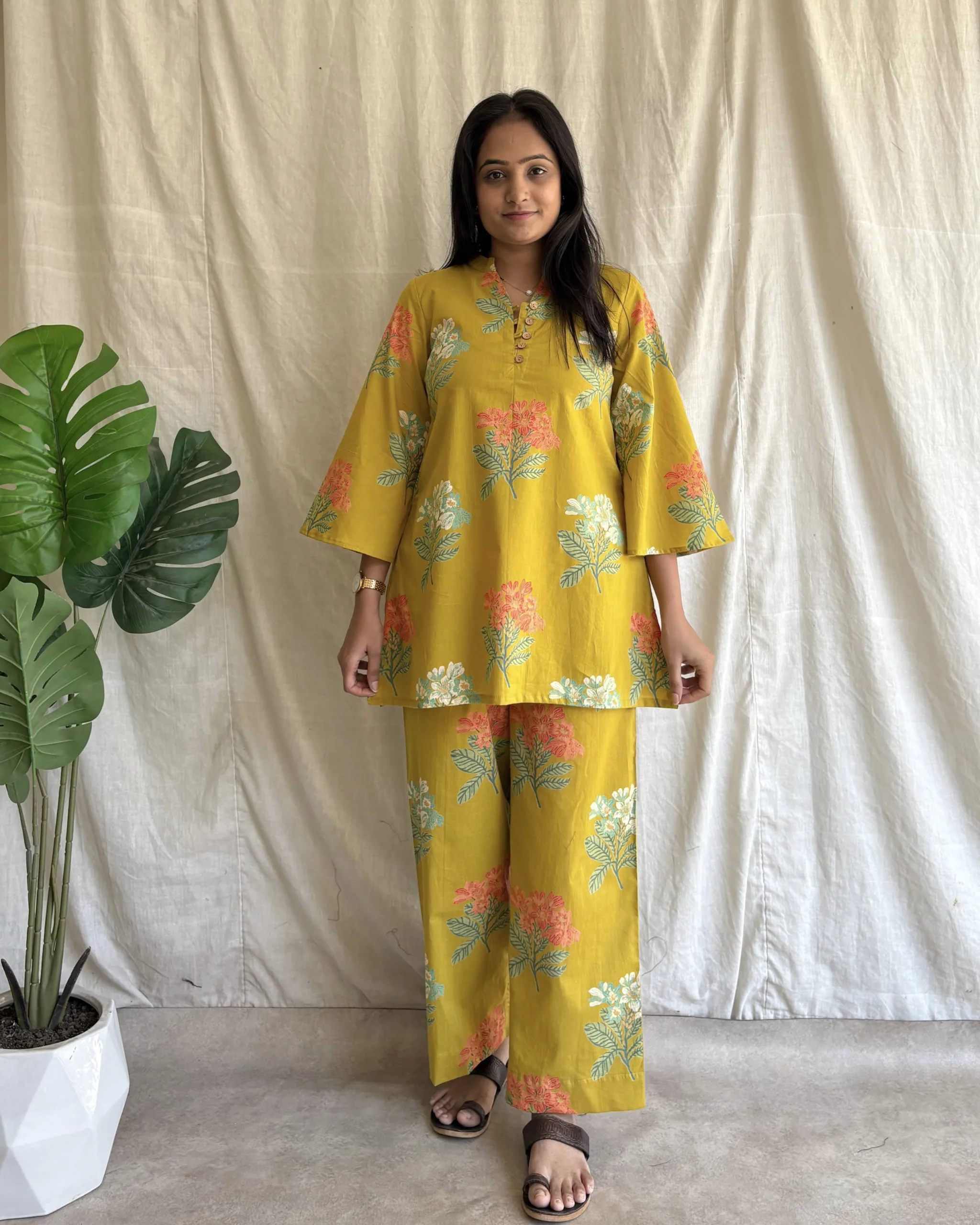 Mustard yellow cotton flroal print coord set