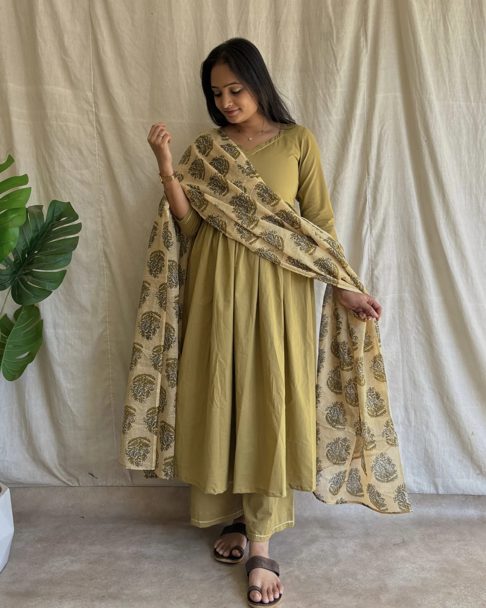khakee green cotton suit with kota doria dupatta