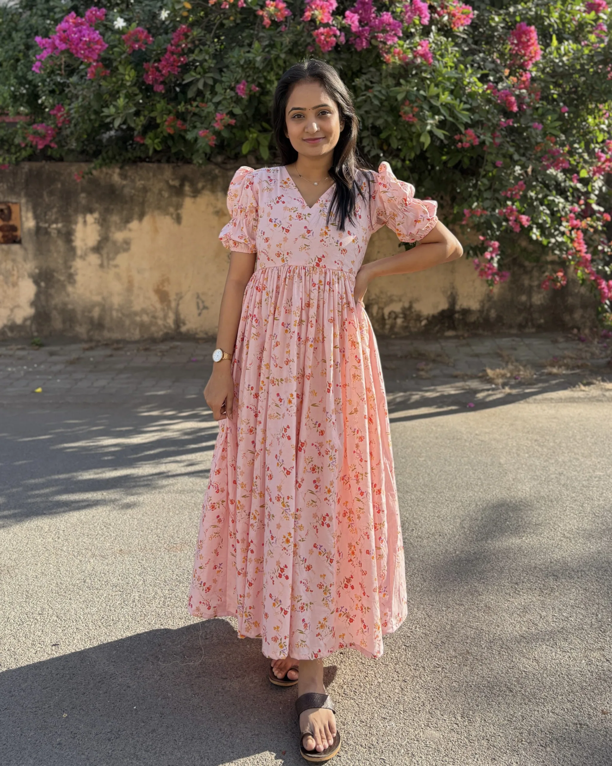 Peach cotton printed hakoba maxi dress with lining