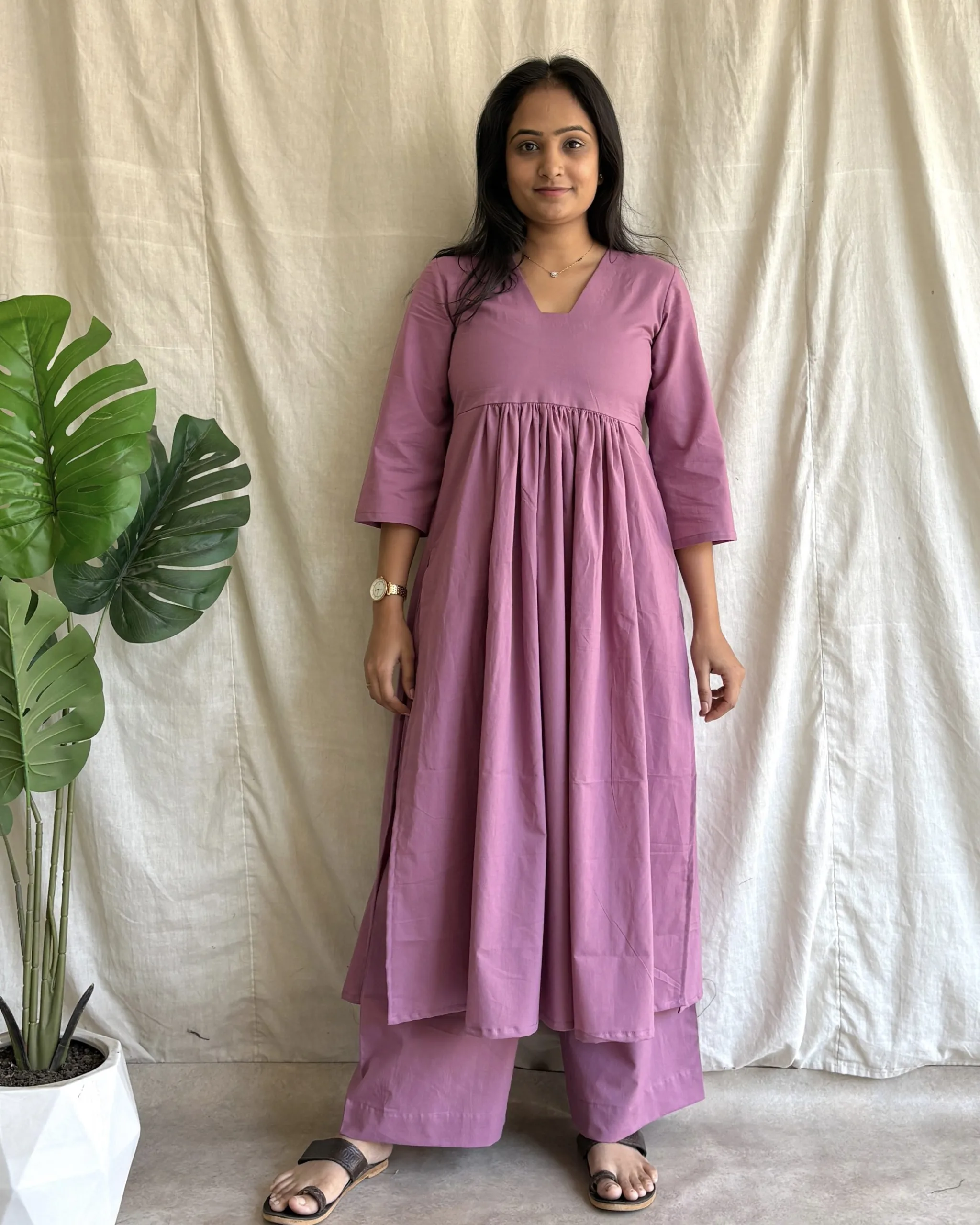 Mauve solid cotton kurta set