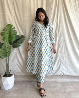 Grey cotton printed A line kurta set