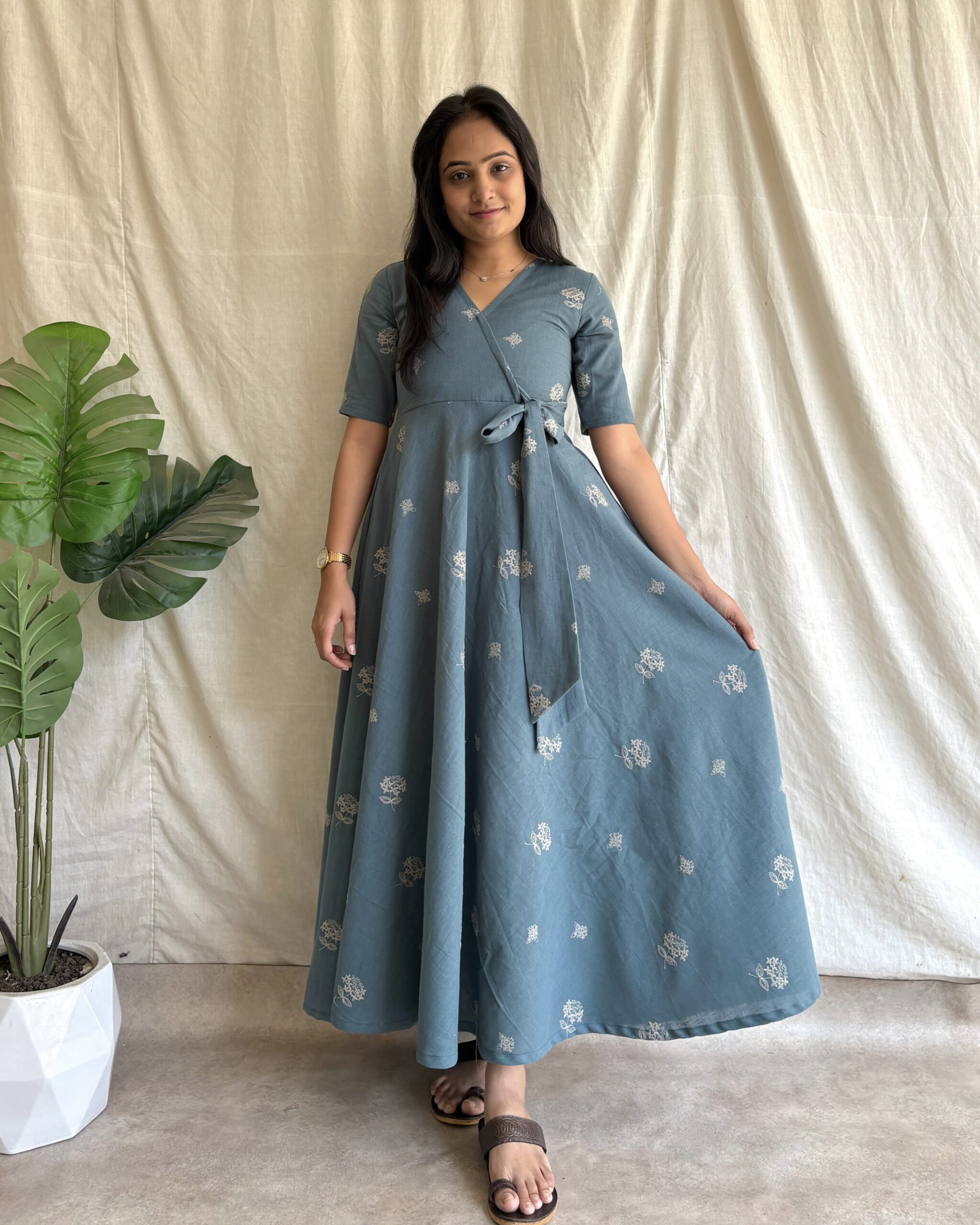 Khadi cotton embroidered cotton maxi dress