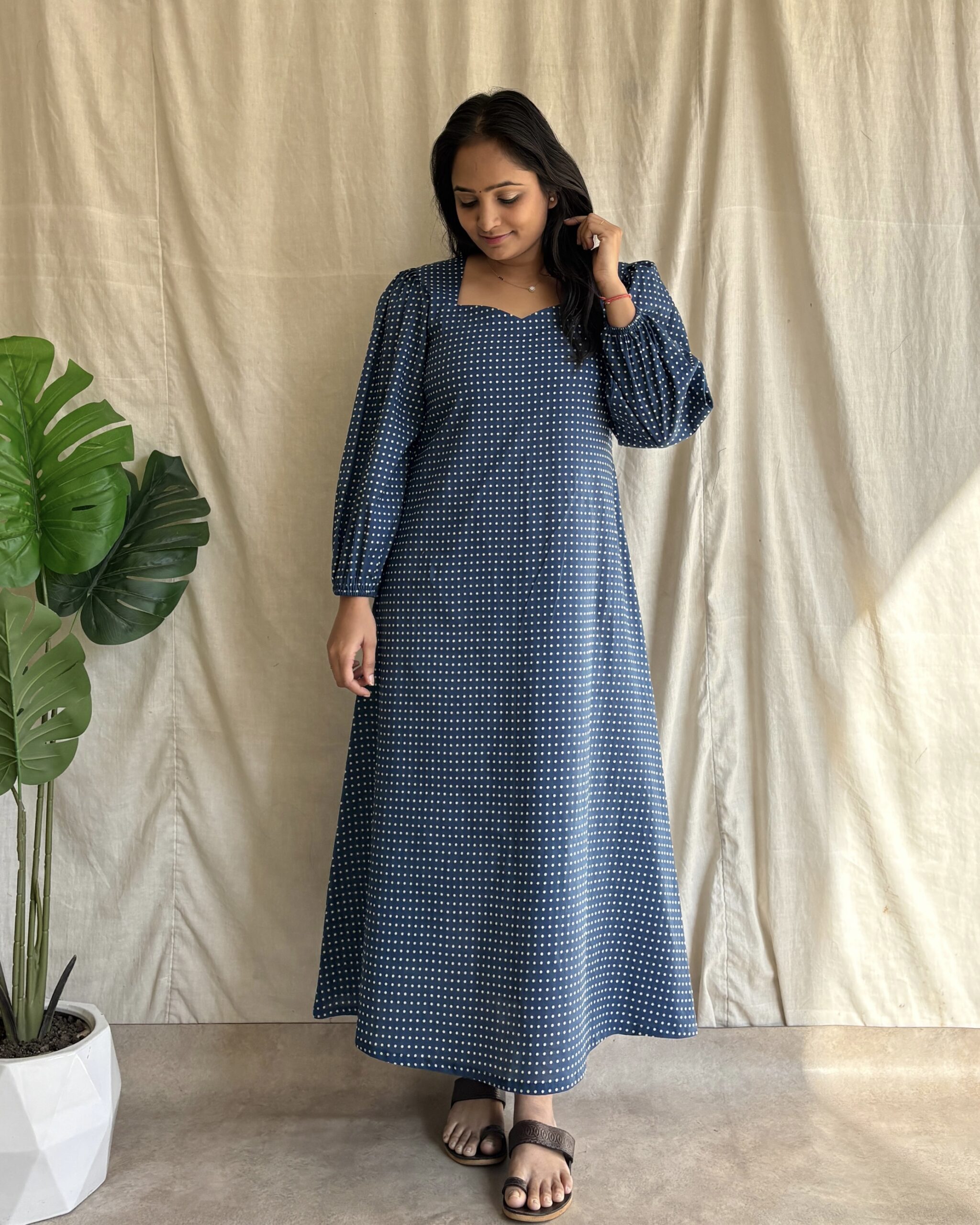 Navy blue polka dots cotton maxi dress