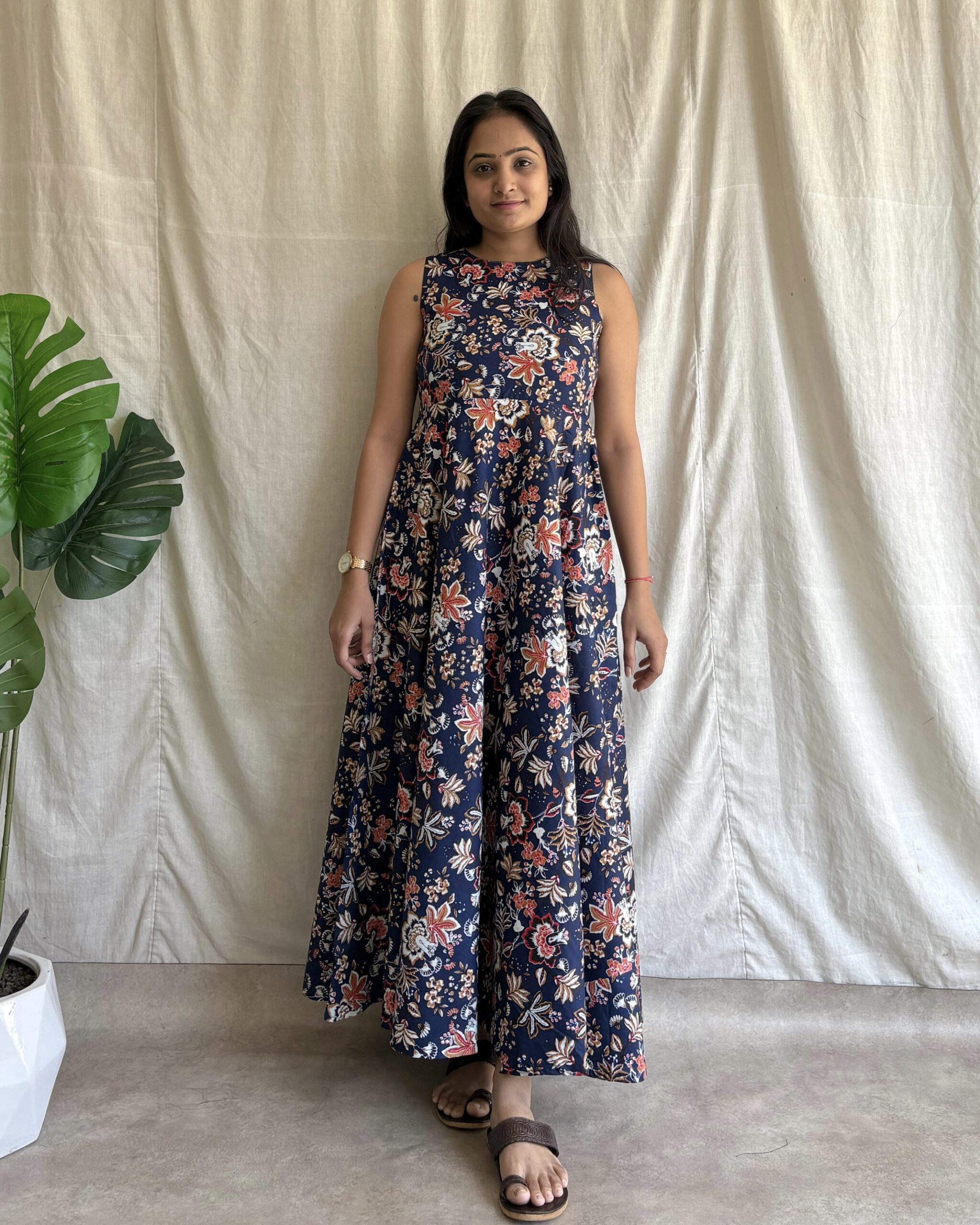 Navy blue floral print cotton umbrella flared maxi dress