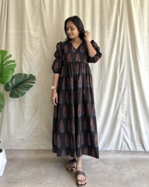 Black cotton printed maxi dress