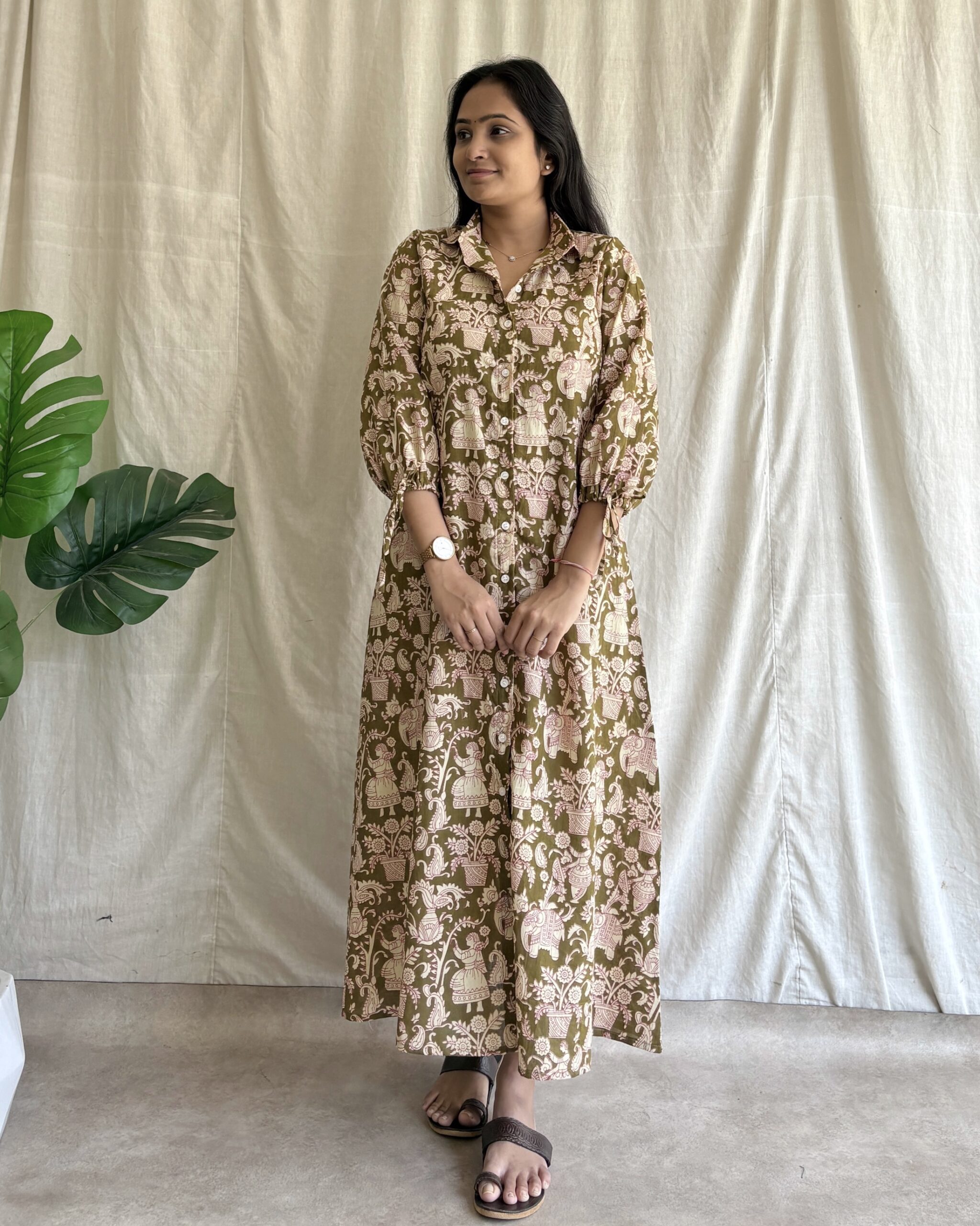 Mehendi green cotton printed Shirt dress