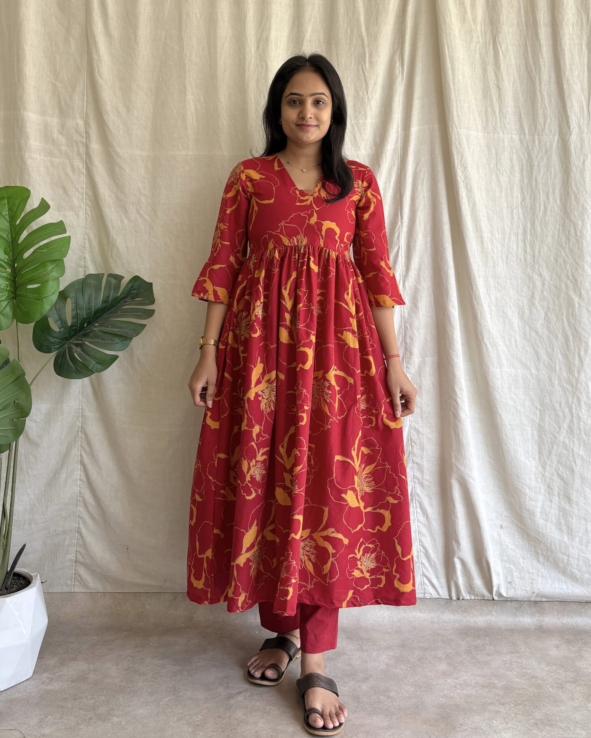 Maroon cotton printed kurta set