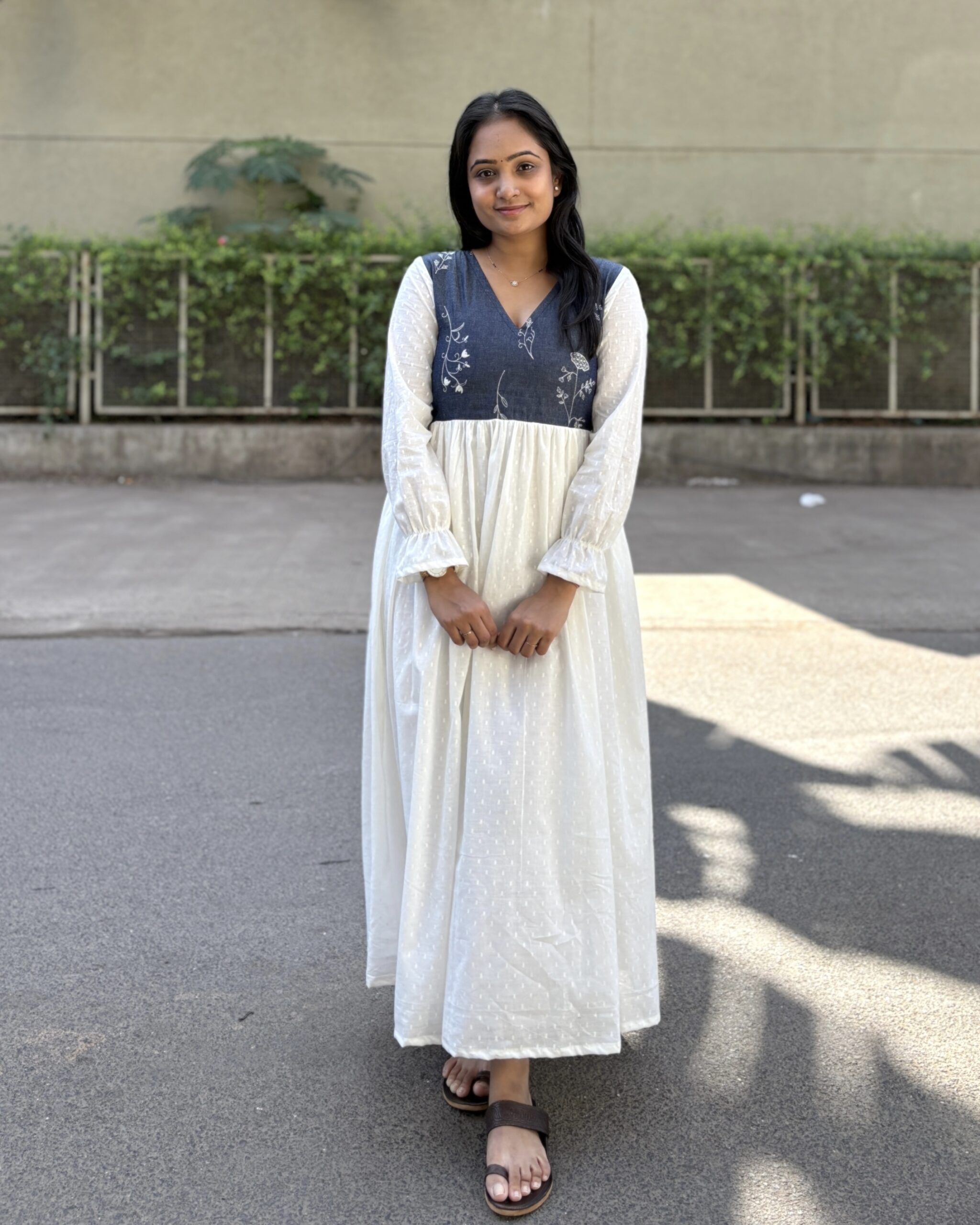 Denim embroidered cotton maxi dress with lining