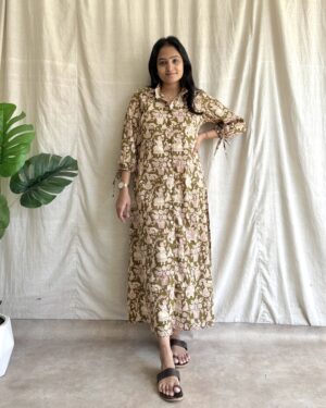 Mehendi green cotton printed Shirt dress