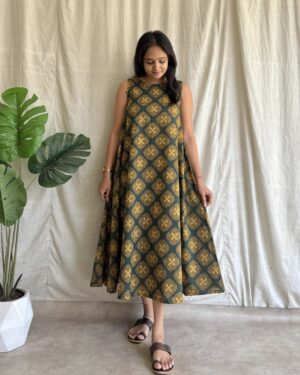 Green Cotton printed A line dress