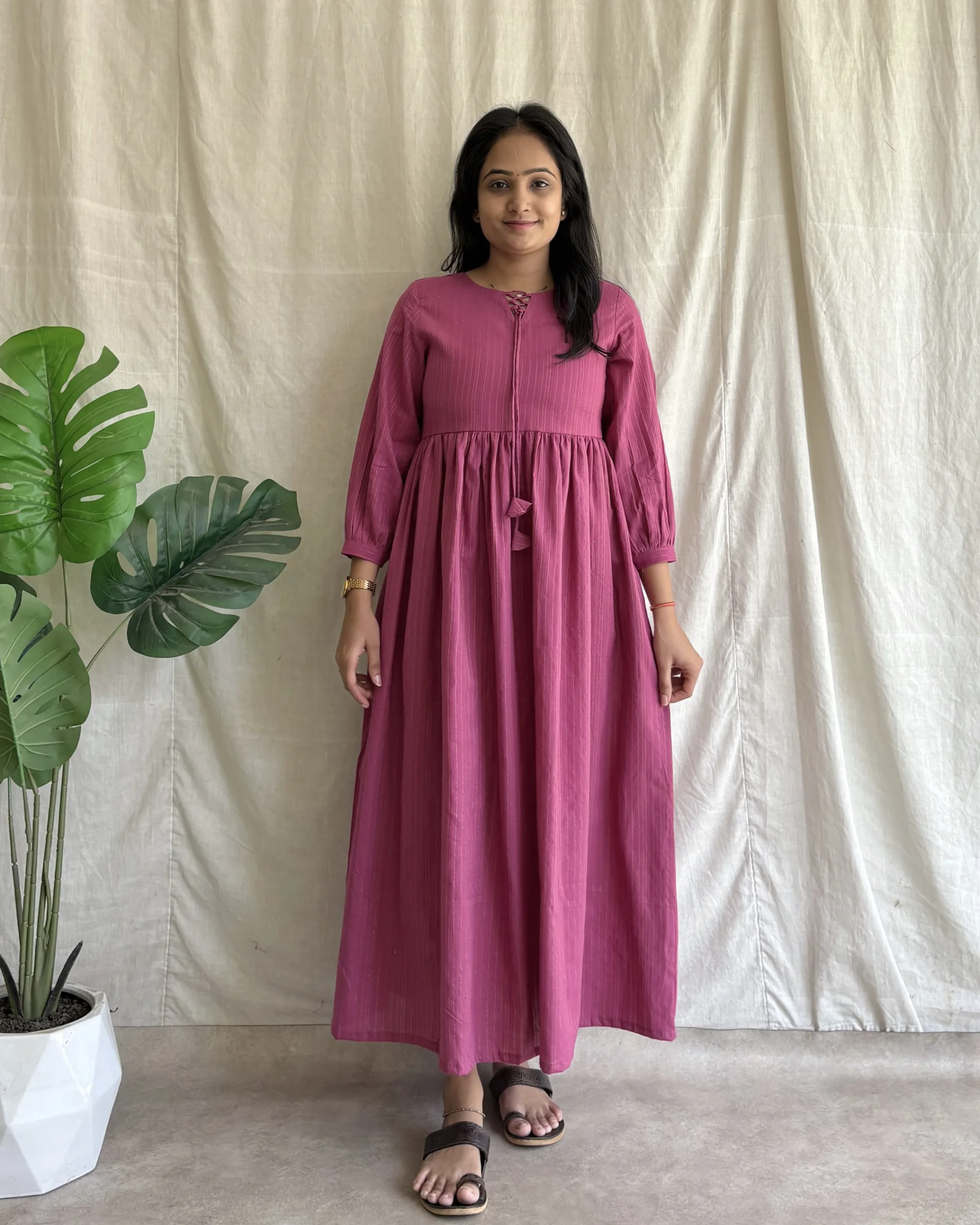 Pink pure handloom cotton maxi dress