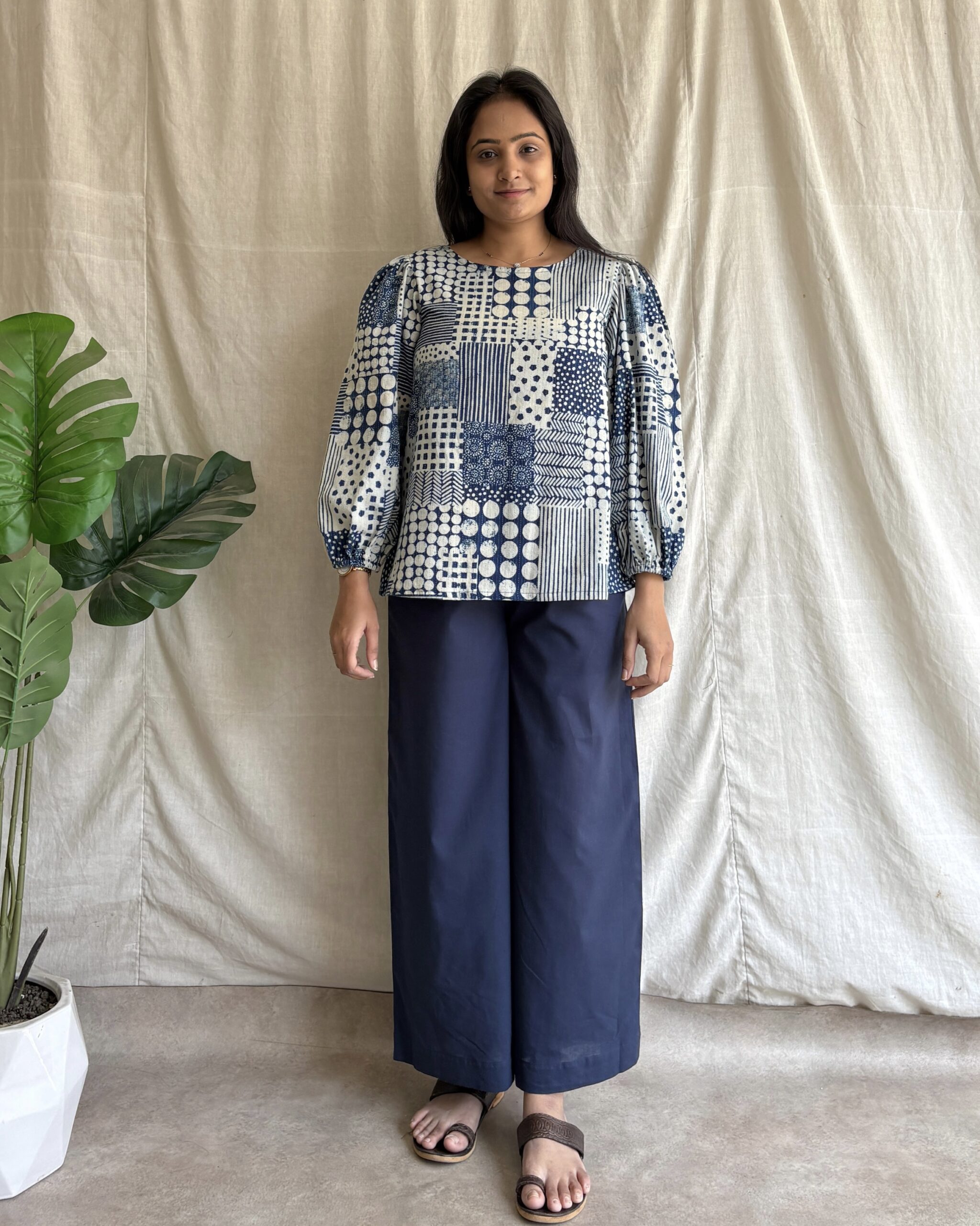 Indigo kantha hndblock print top and bottom set