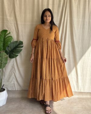 Mustard floral print cotton 3 tiered maxi dress