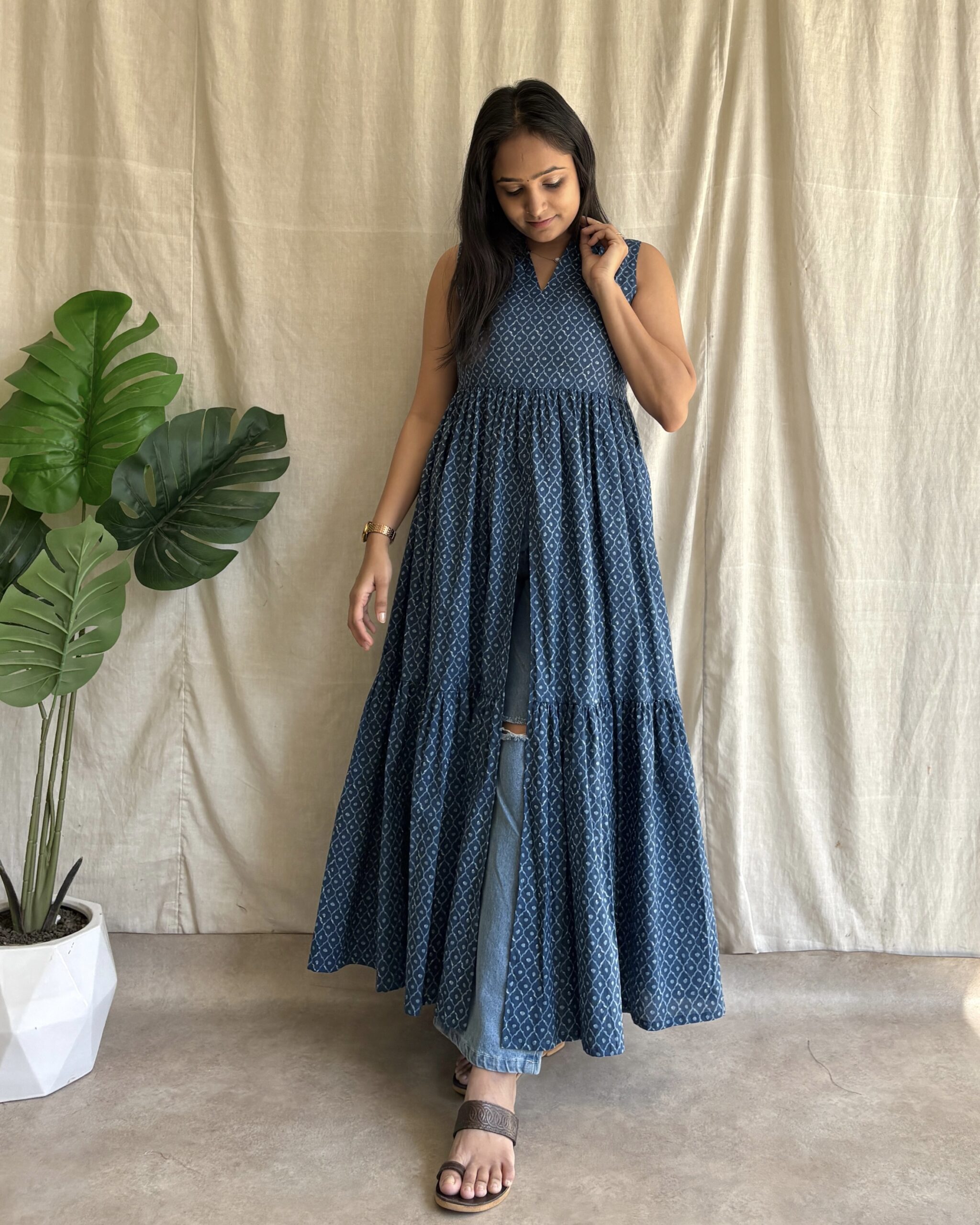 Navy blue cotton tiered center slit kurta