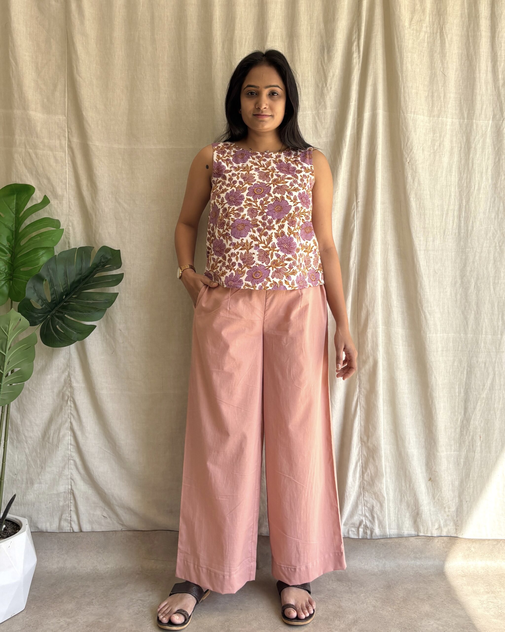 Peach floral print cotton crop top and palazo set