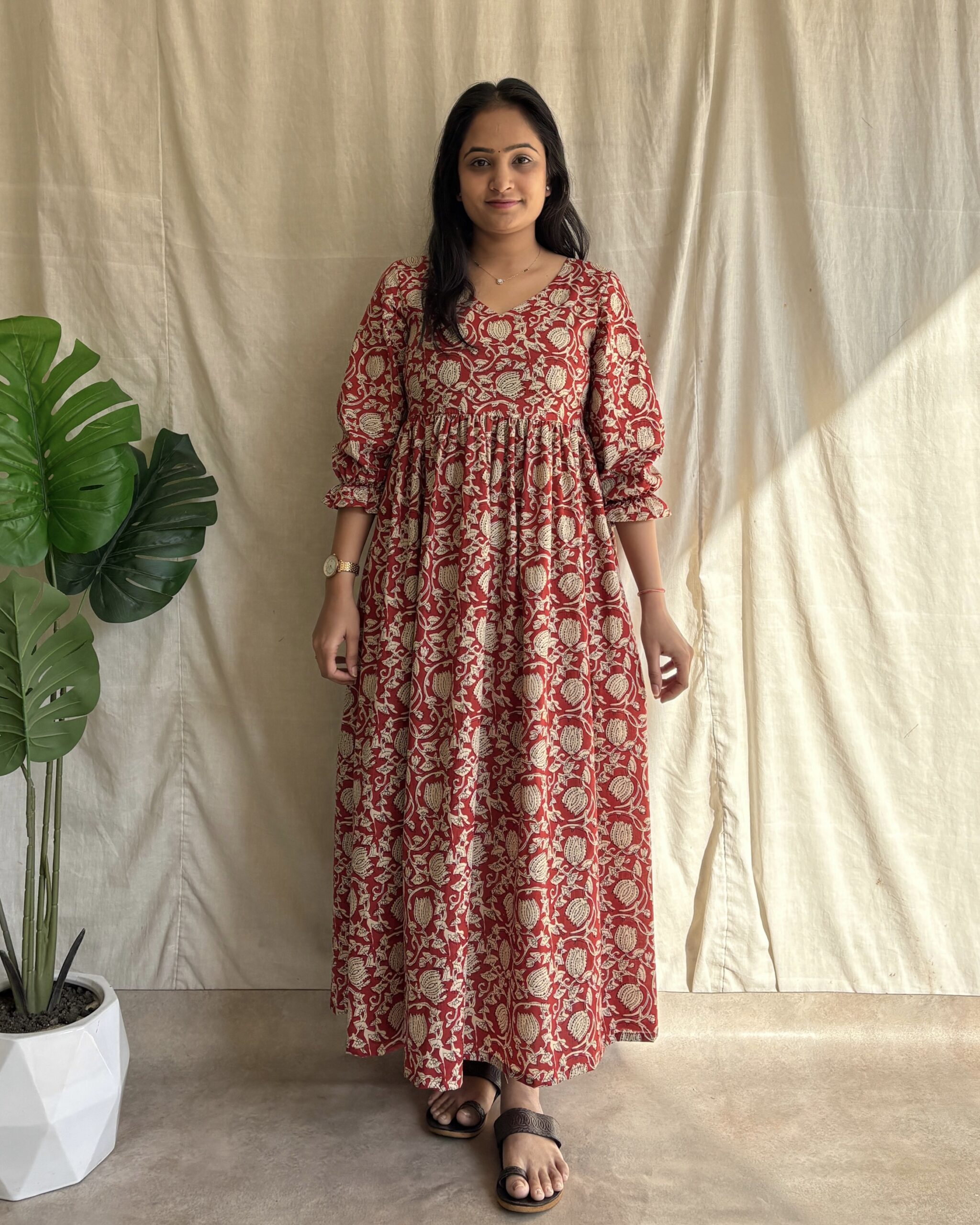 Red floral print cotton maxi dress