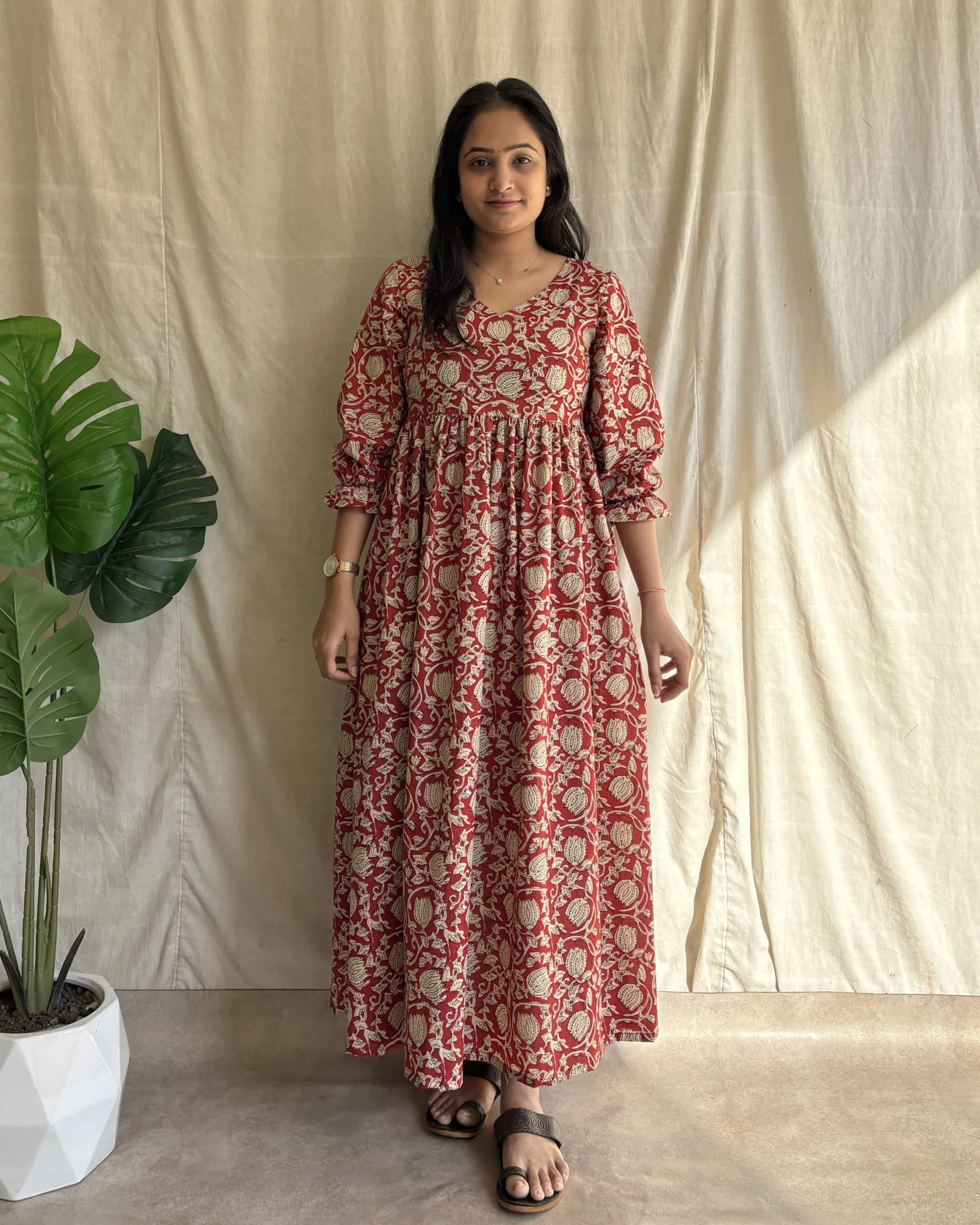 Red floral print cotton maxi dress