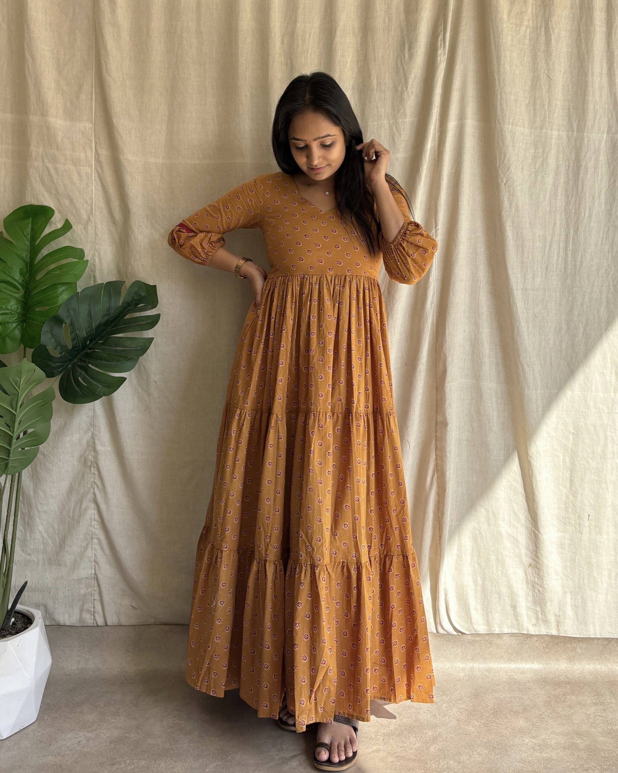 Mustard floral print cotton 3 tiered maxi dress