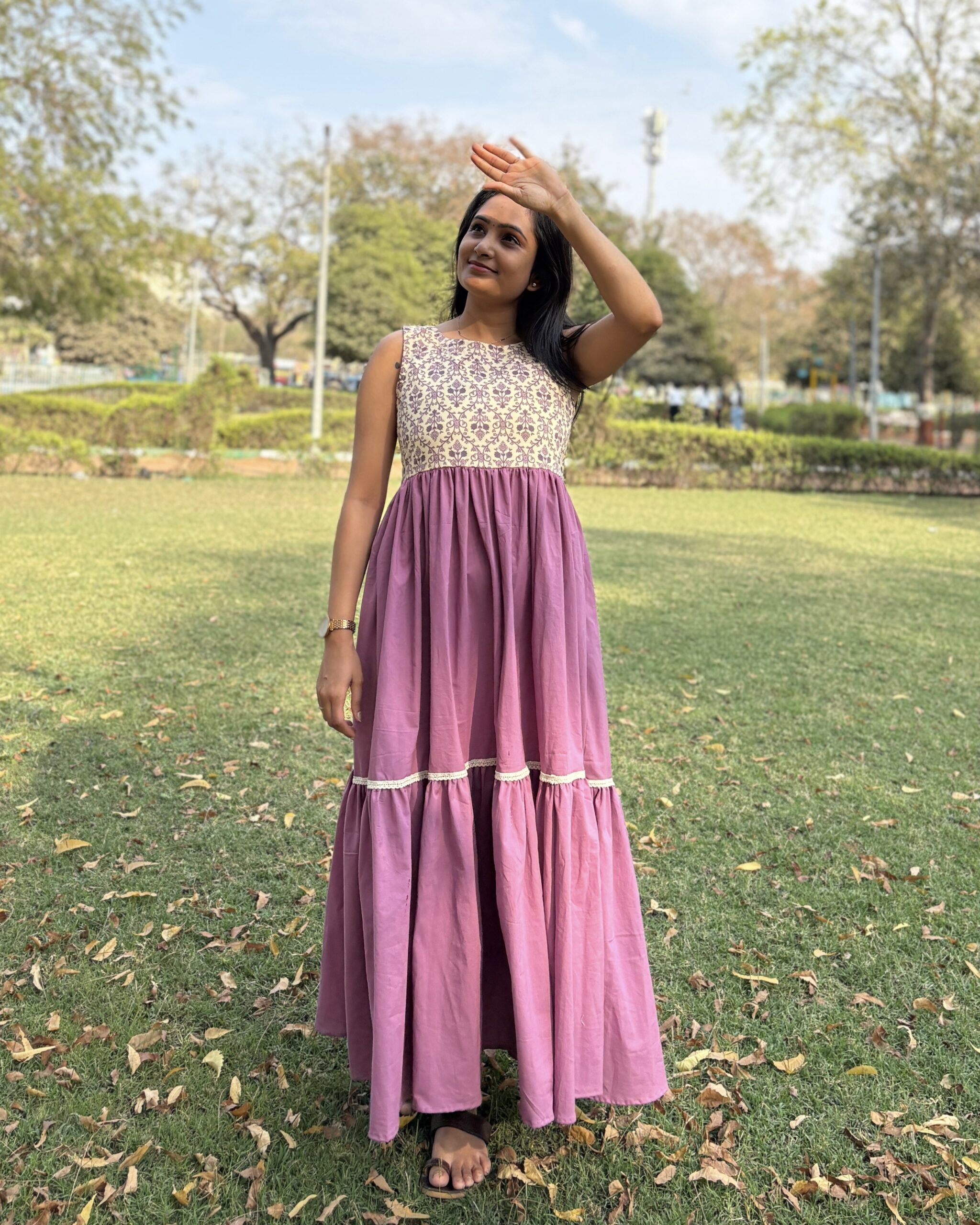Mauve pink cotton tiered maxi dress