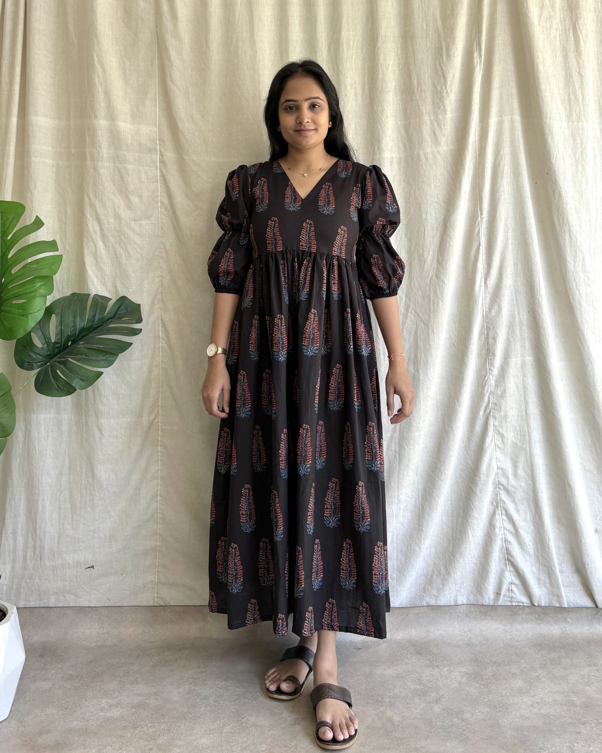 Black cotton printed maxi dress