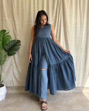 Navy blue cotton tiered center slit kurta