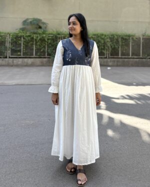 Denim embroidered cotton maxi dress with lining