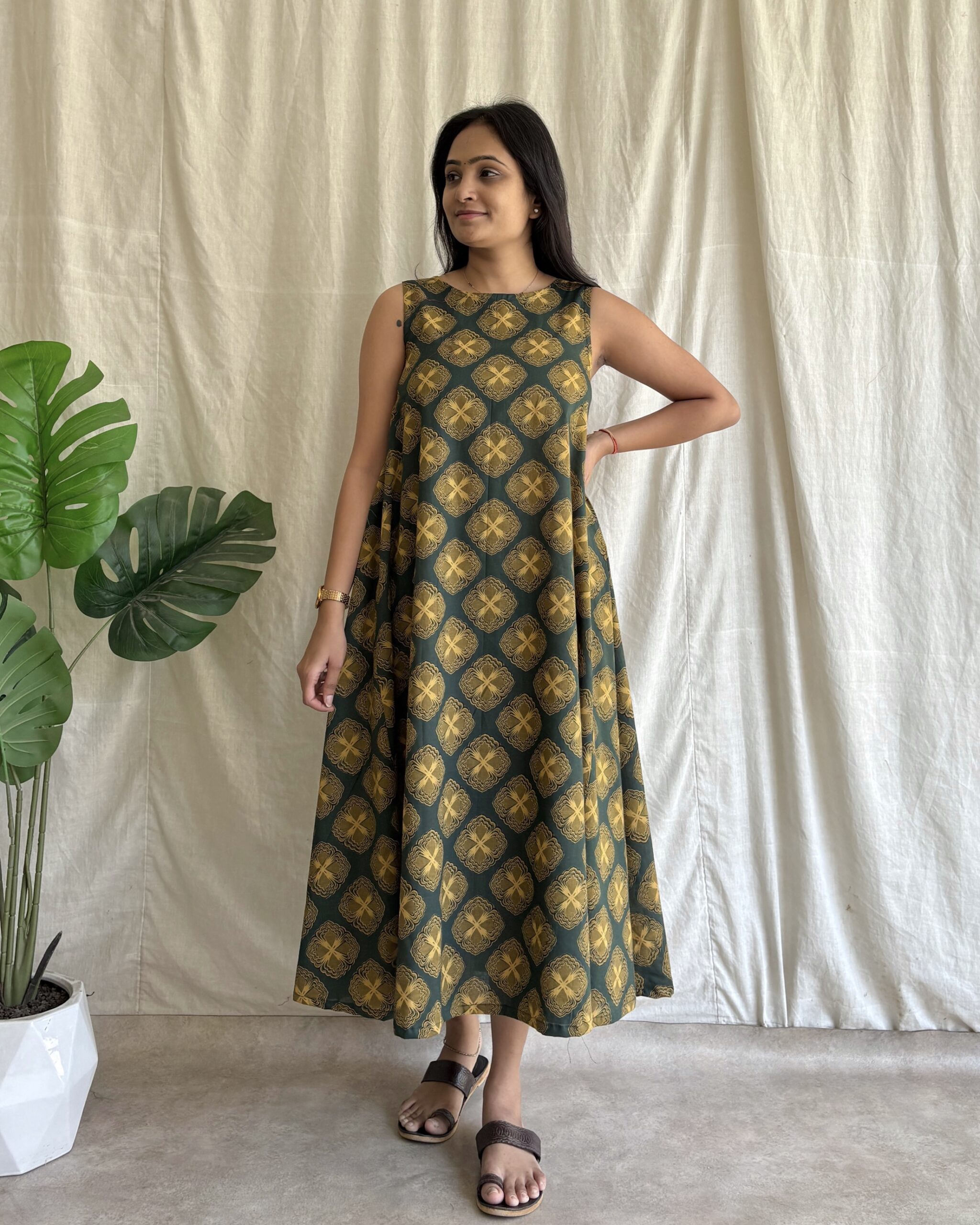Green Cotton printed A line dress