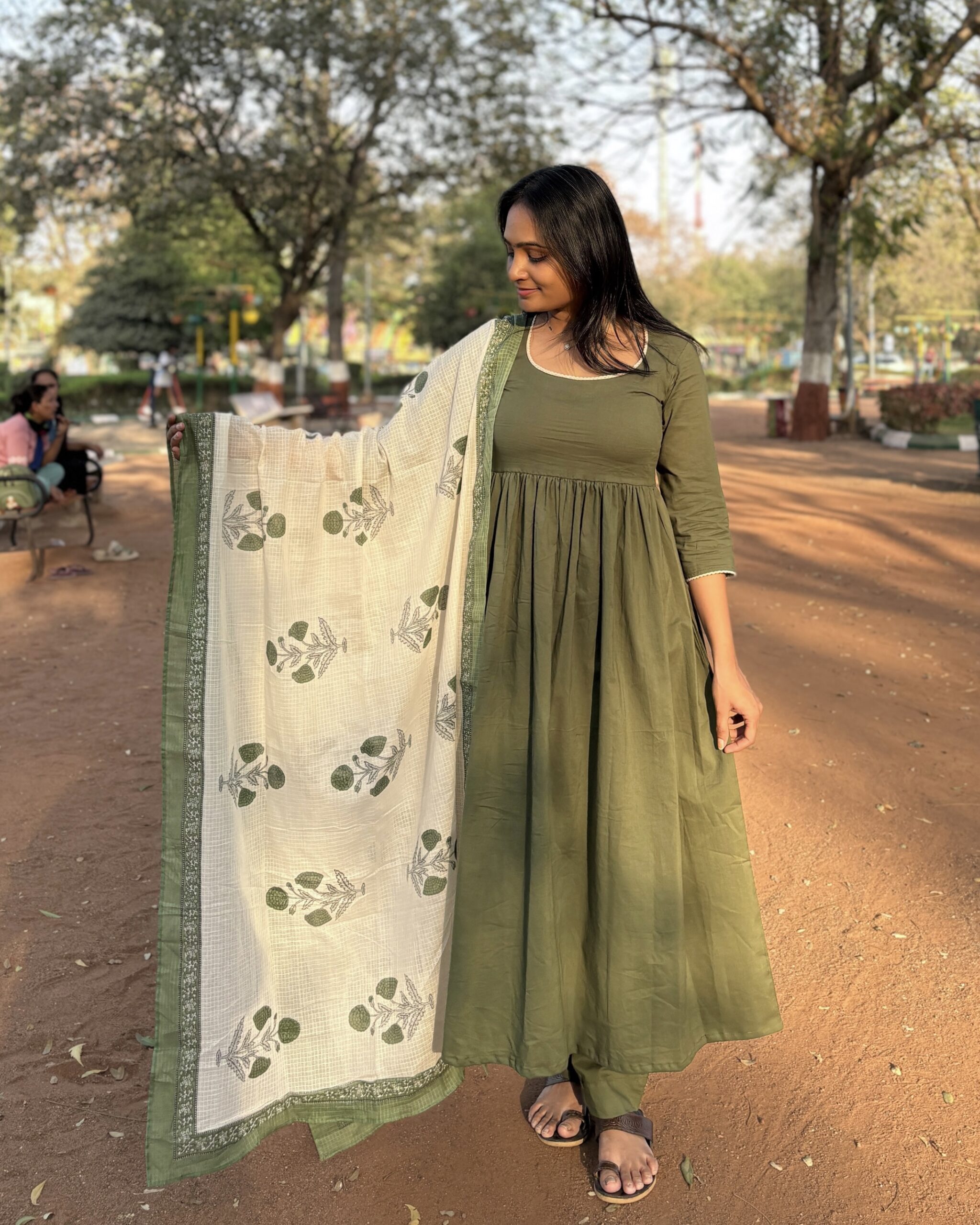 Green cotton suit with kota doria dupatta