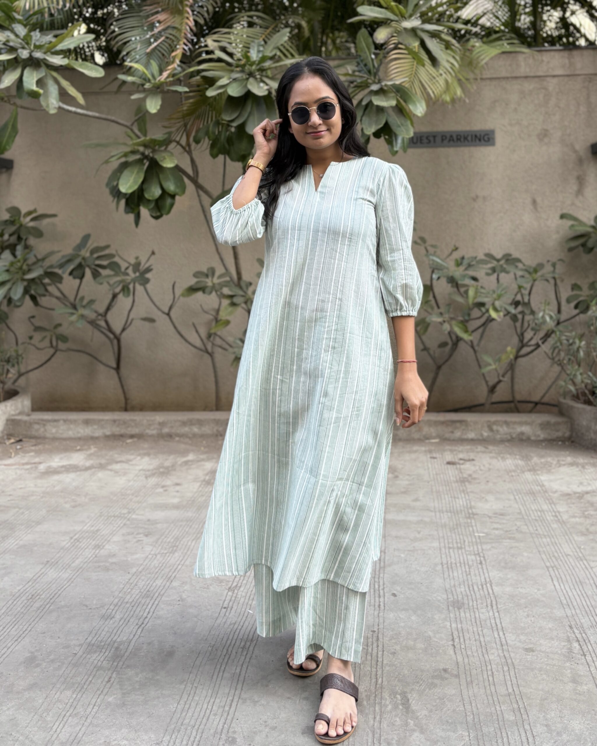 Sea green stripe cotton a line kurta set