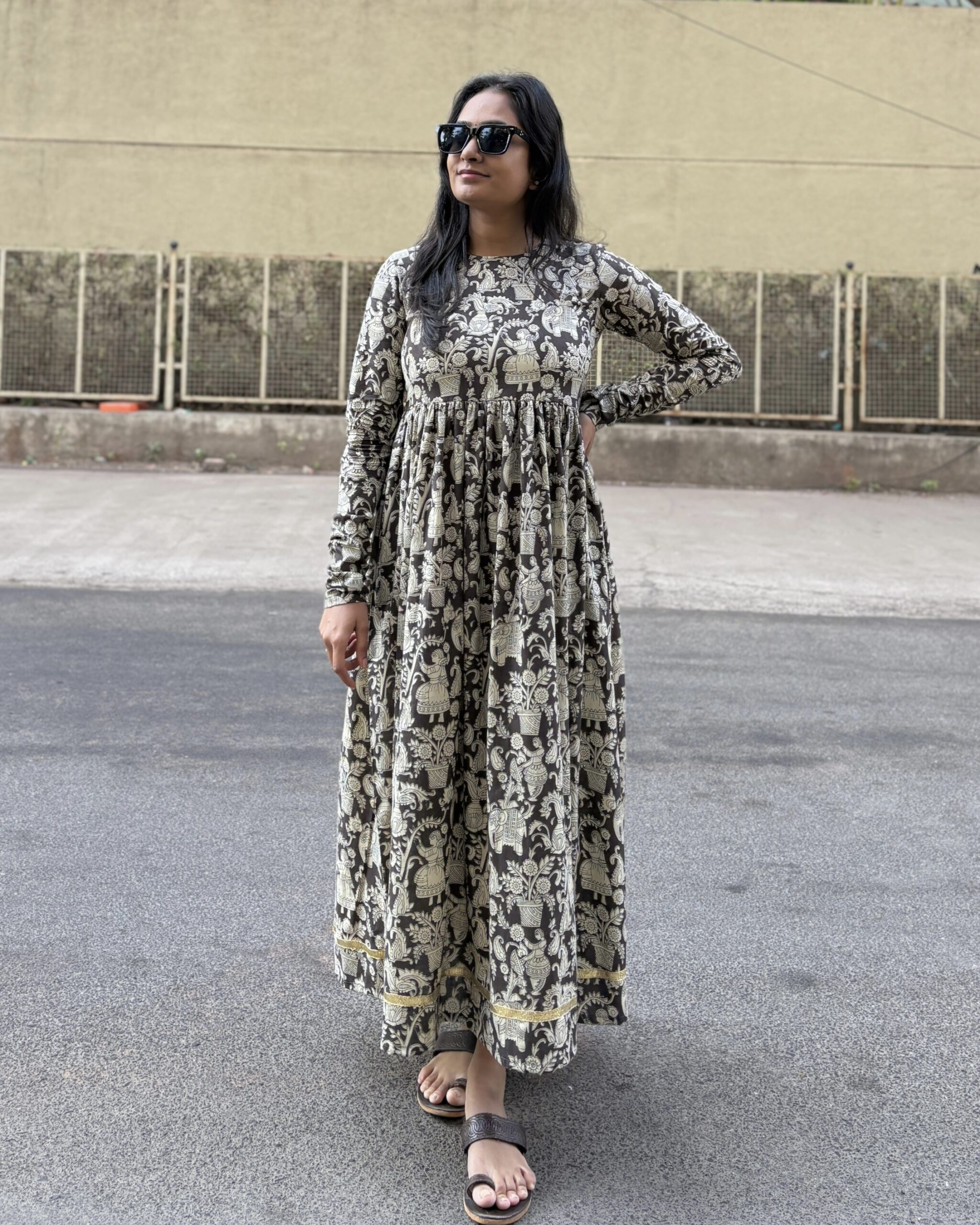 Dark grey traditional print cotton maxi dress