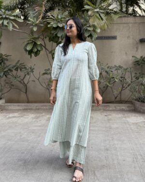 Sea green stripe cotton a line kurta set