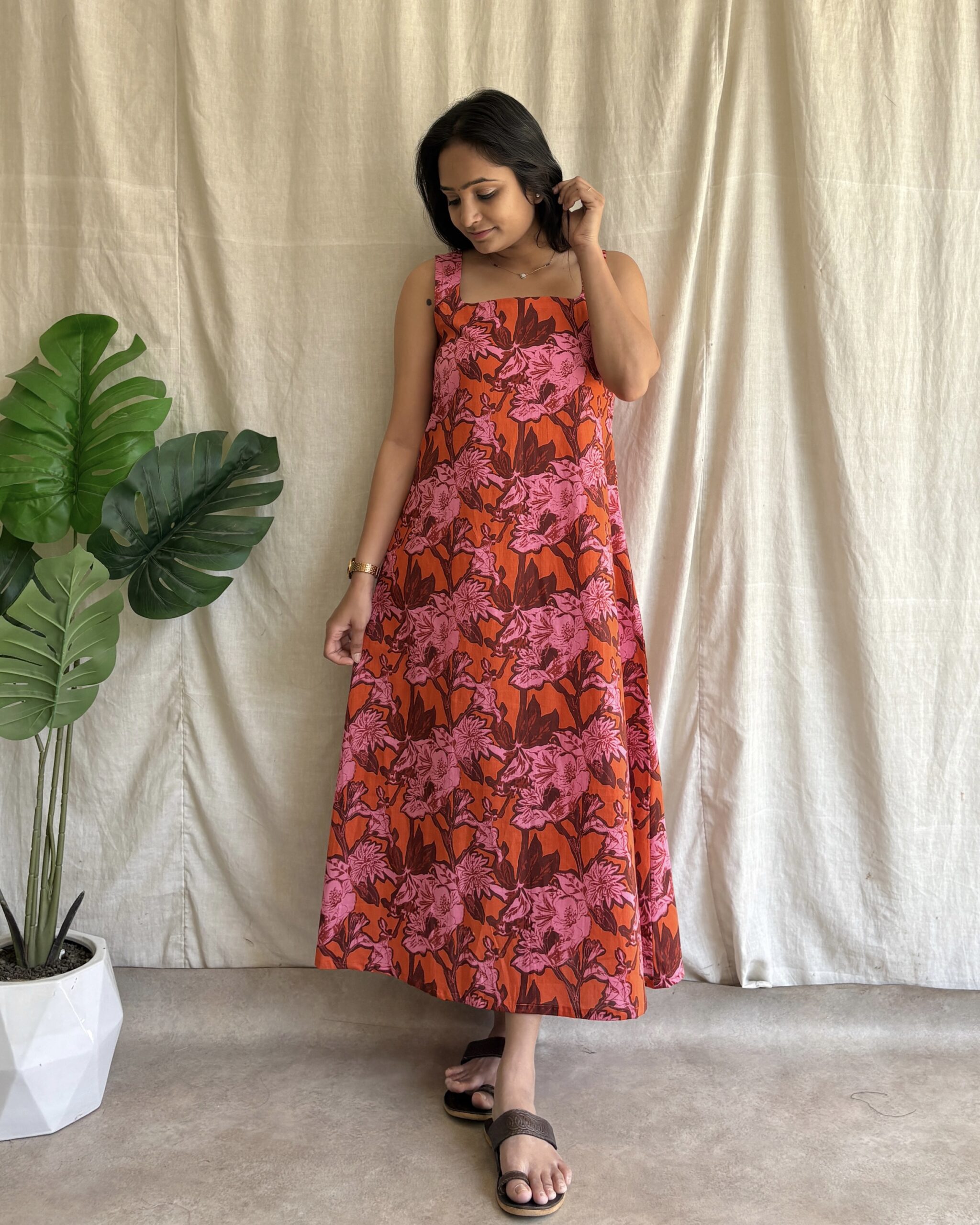 Orange floral print a line dress