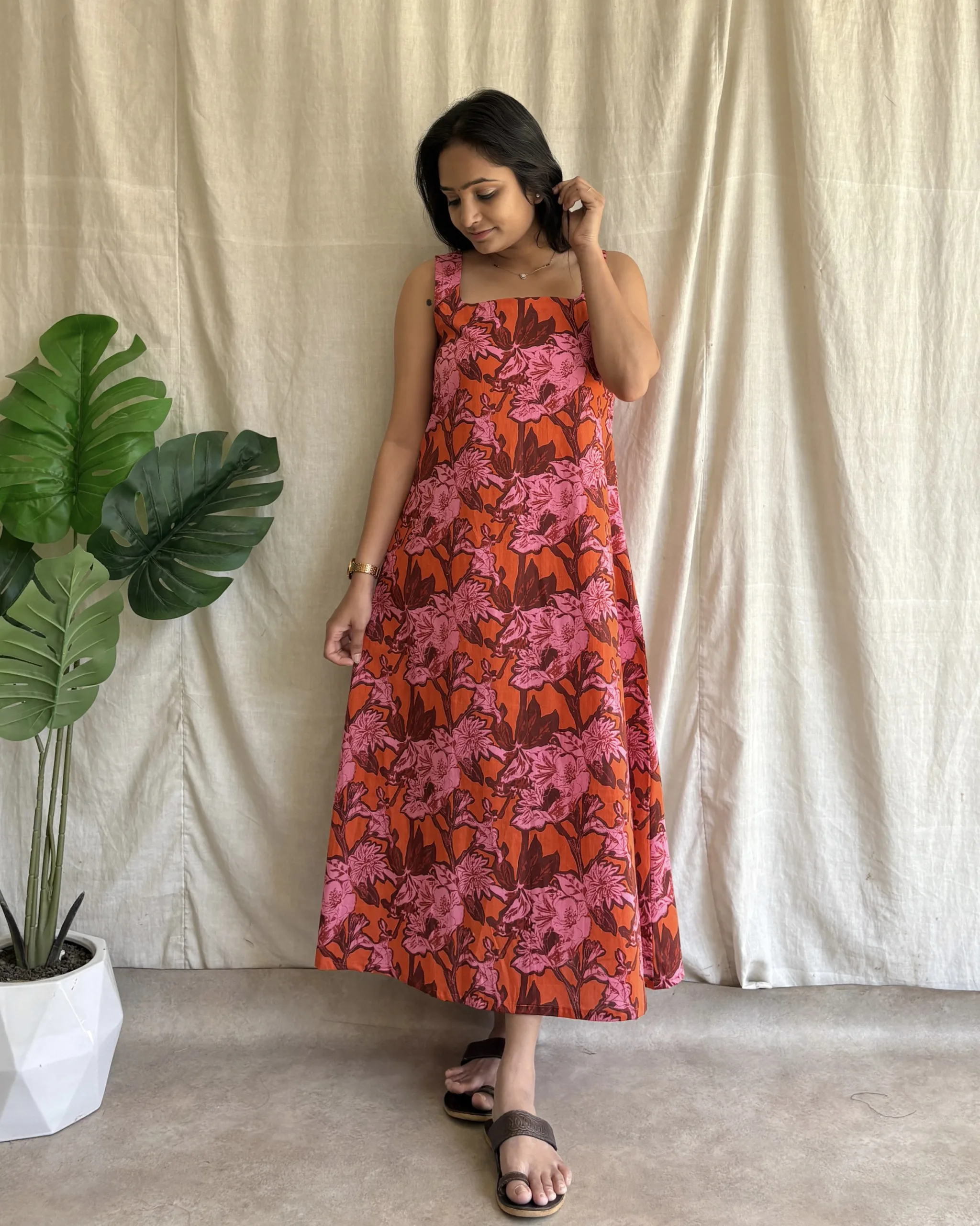 Orange floral print a line dress