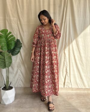 Red floral print cotton maxi dress