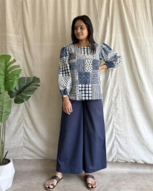Indigo kantha hndblock print top and bottom set