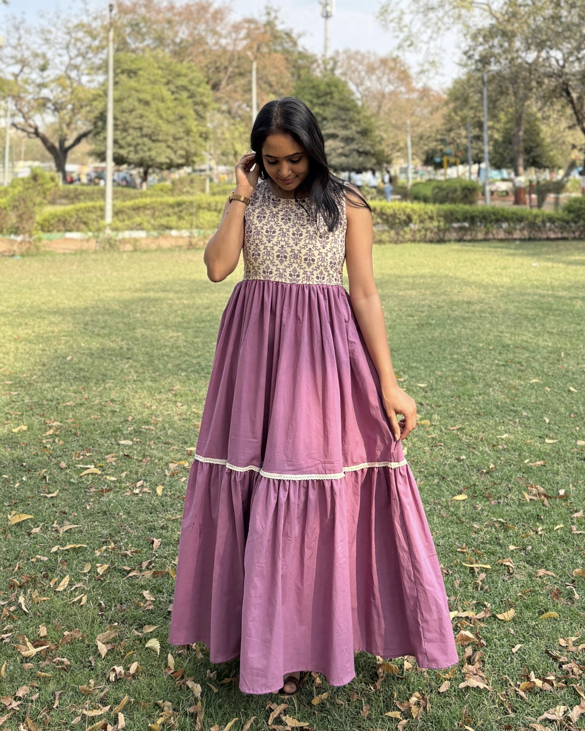 Mauve pink cotton tiered maxi dress
