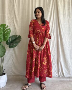 Maroon cotton printed kurta set