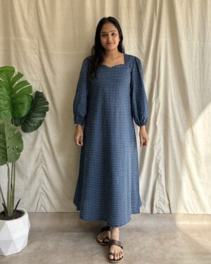 Navy blue polka dots cotton maxi dress