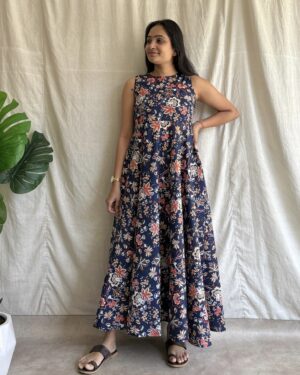 Navy blue floral print cotton umbrella flared maxi dress
