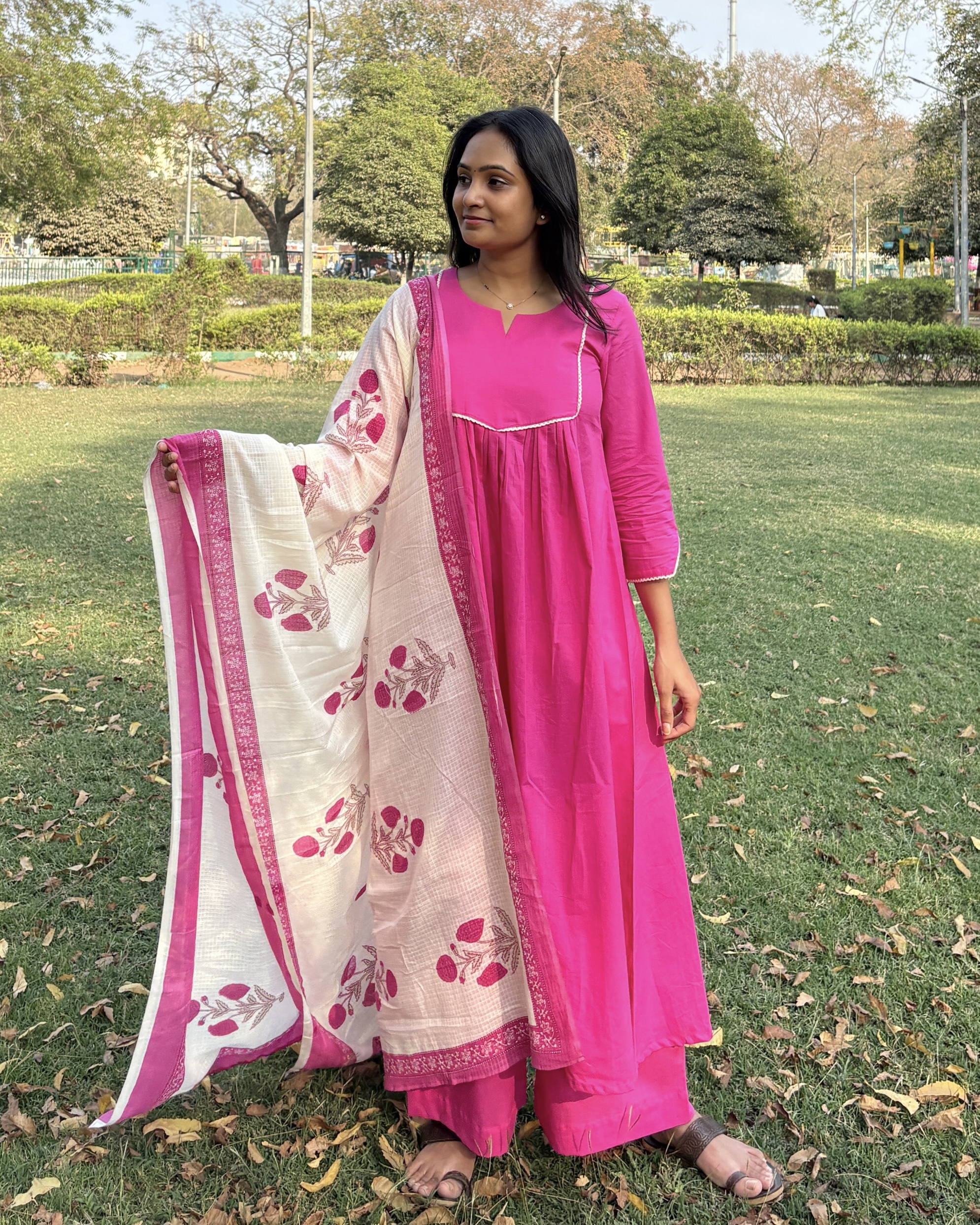 Pink cotton suit with kota doria dupatta