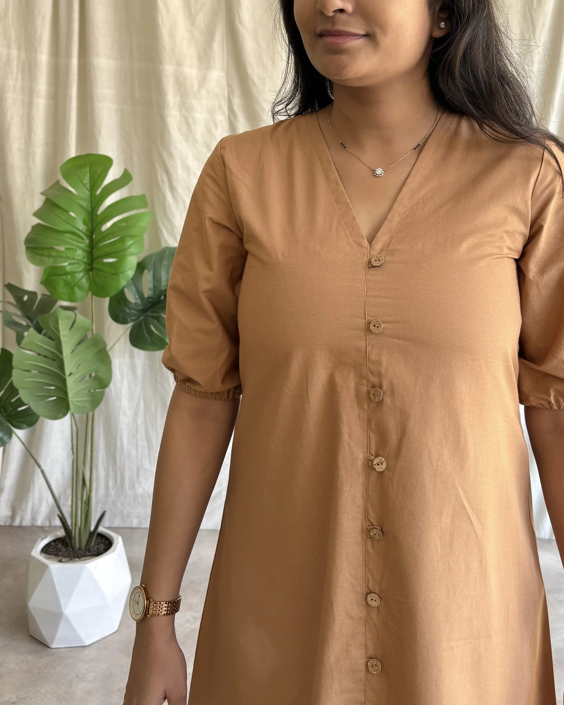 Dark beige cotton A line dress - Image 3