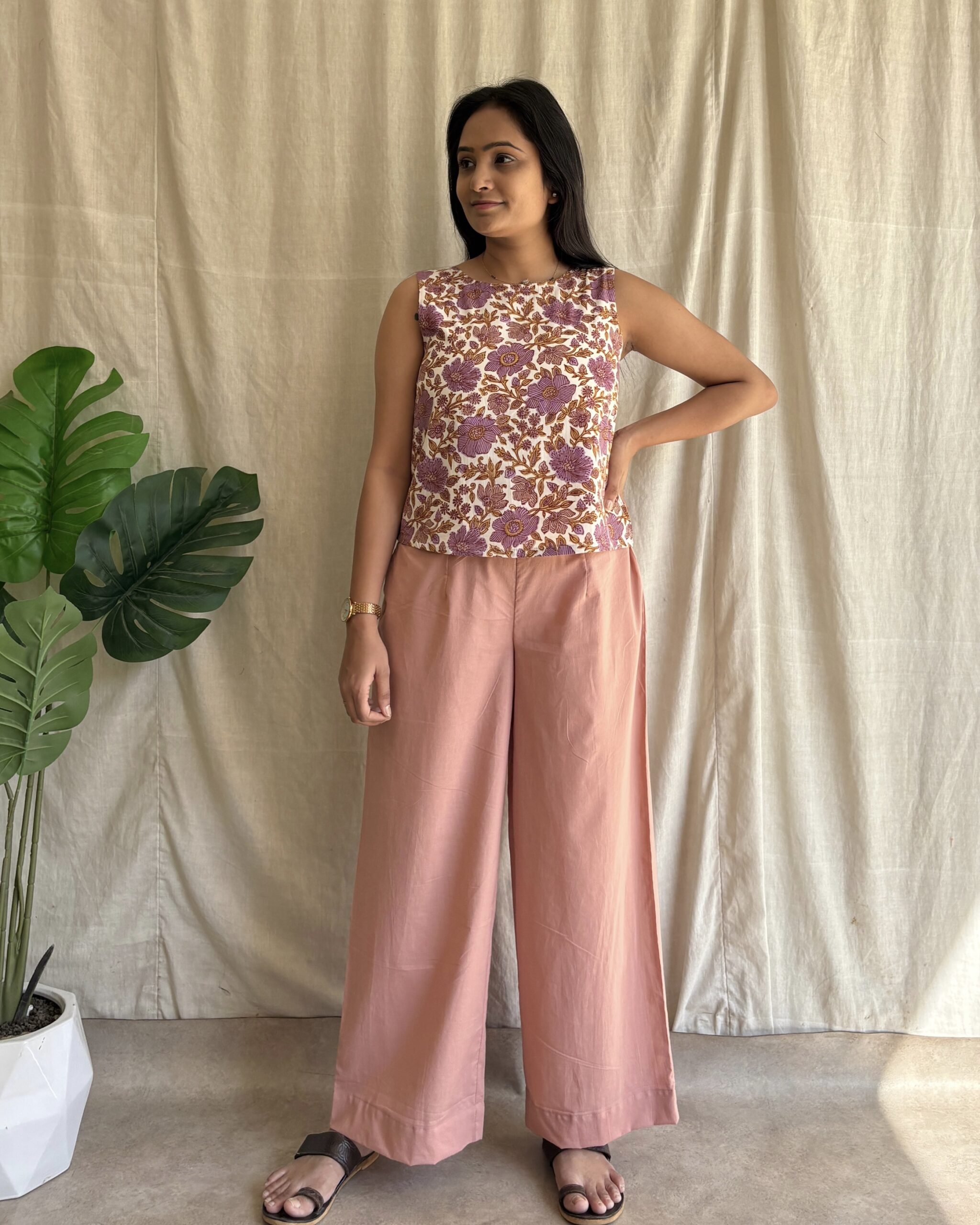 Peach floral print cotton crop top and palazo set