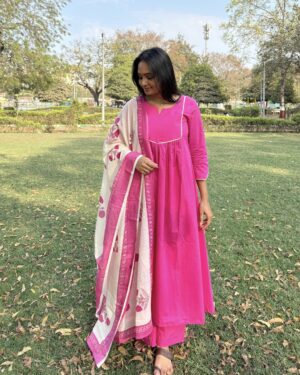 Pink cotton suit with kota doria dupatta