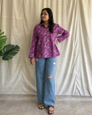 Purple bandhani print cotton shirt