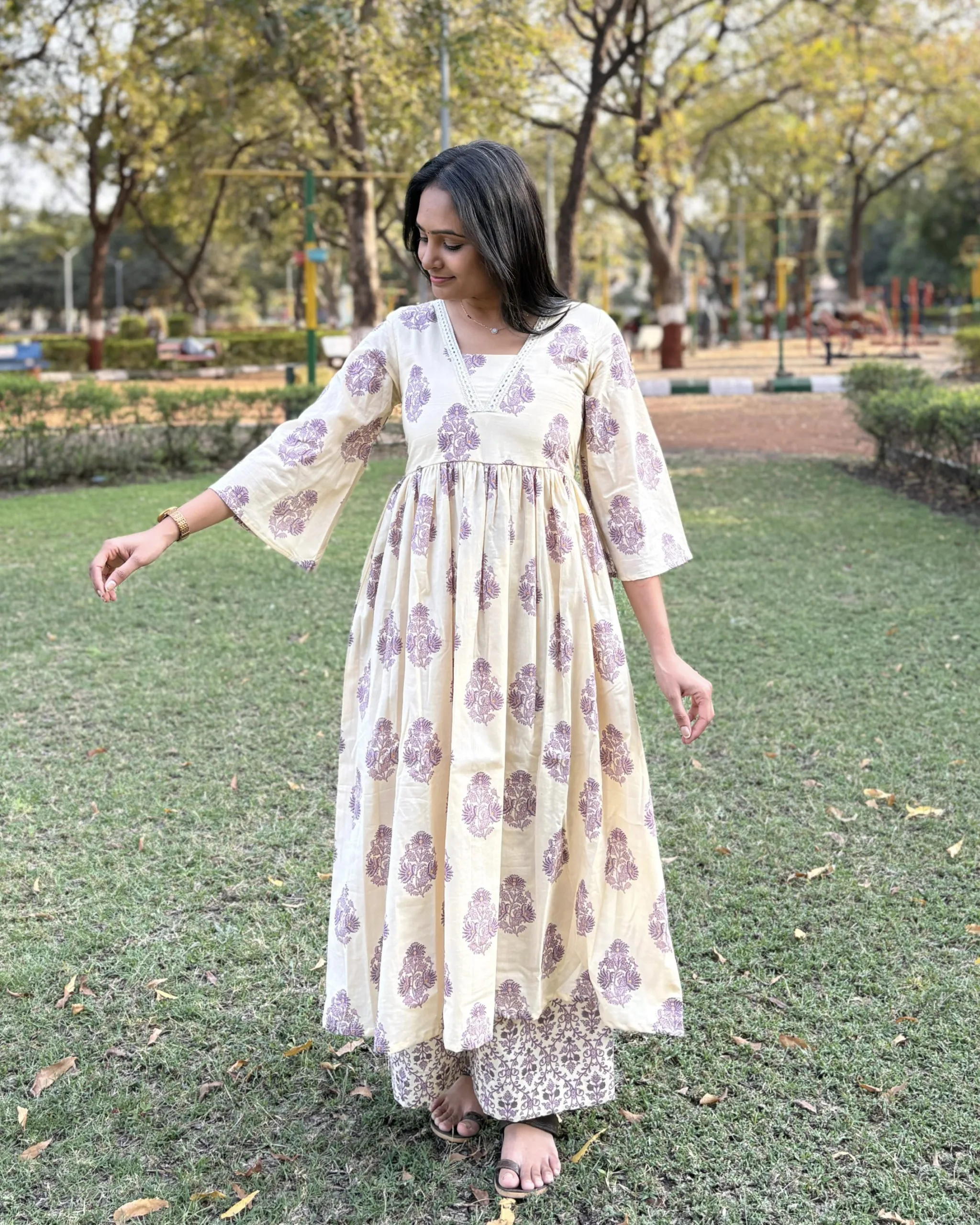 Cream lilac print cotton kurta set